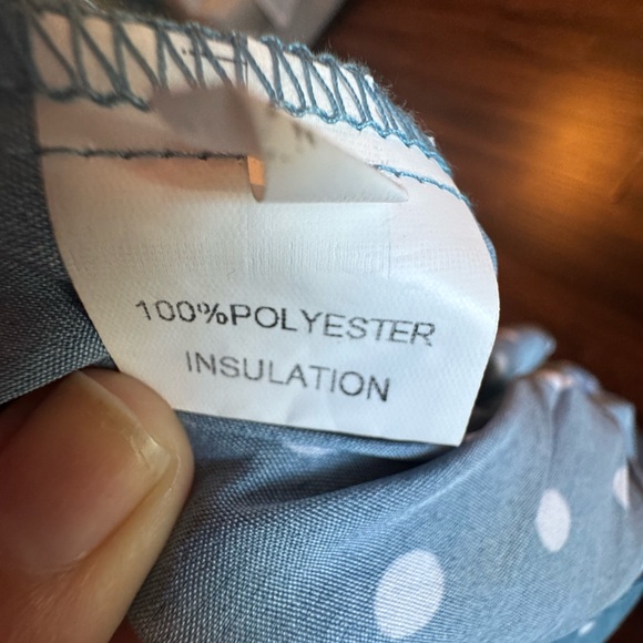 Pretty little polka dot dress in light blue model wearing camel Amazon purchase - Picture 4 of 7